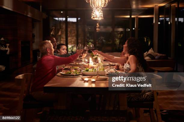 multigenerational family having dinner - drinking alcohol at home photos et images de collection