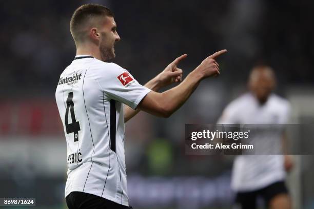 Ante Rebic of Frankfurt celebrates his team's first goal during the Bundesliga match between Eintracht Frankfurt and SV Werder Bremen at...