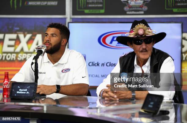 Driver Darrell Wallace Jr. And team owner Richard Petty attend a press conference at Texas Motor Speedway on November 3, 2017 in Fort Worth, Texas.