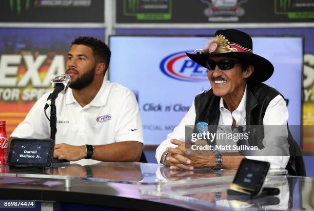 Driver Darrell Wallace Jr. And team owner Richard Petty attend a press conference at Texas Motor Speedway on November 3, 2017 in Fort Worth, Texas.