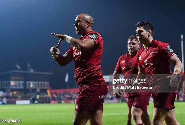 Cork , Ireland - 3 November 2017; Simon Zebo of Munster celebrates after scoring the second try against the Dragons during the Guinness PRO14 Round 8...