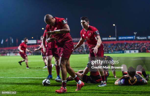 Cork , Ireland - 3 November 2017; Simon Zebo of Munster celebrates after scoring his side's second try against the Dragons during the Guinness PRO14...