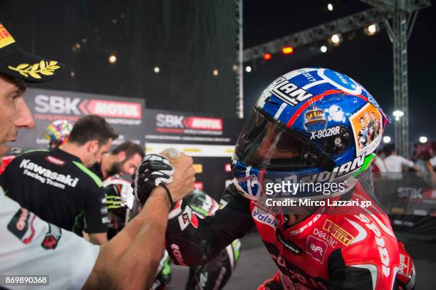 Marco Melandri of Italy and ARUBA.IT RACING-DUCATI celebrates the third place with team at the end of the race 1 of FIM Superbike World Championship...