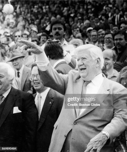 Thomas "Tip" O'Neil throws out the first pitch at Fenway Park in Boston on April 11, 1987.