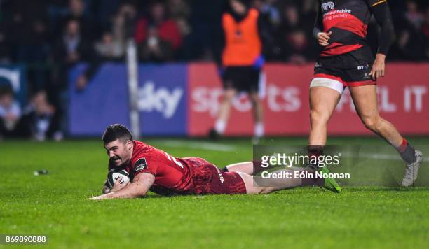 Cork , Ireland - 3 November 2017; Sam Arnold of Munster goes over to score his side's fifth try during the Guinness PRO14 Round 8 match between...
