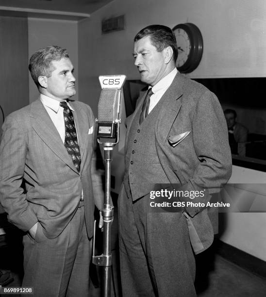 Left to right, CBS newsman Bill Leonard with former heavyweight champion boxer Gene Tunney. Bill Leonard hosts the CBS Radio program, This is New...