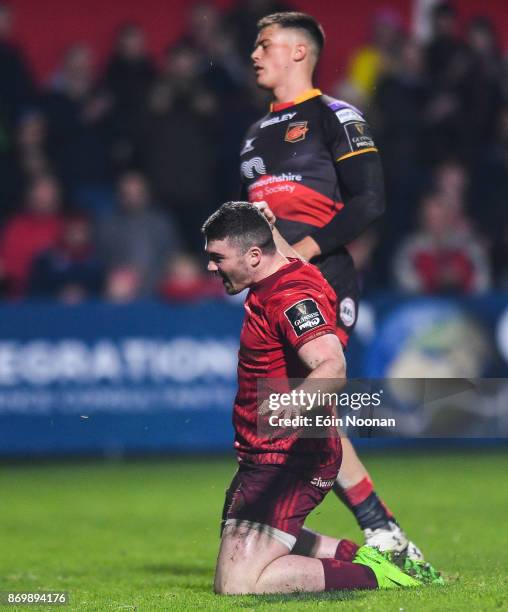 Cork , Ireland - 3 November 2017; Sam Arnold of Munster celebrates after scoring his side's fifth try during the Guinness PRO14 Round 8 match between...