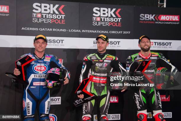 Alex Lowes of Great Britain and PATA Yamaha Official WorldSBK Team, Jonathan Rea of Great Britain and KAWASAKI RACING TEAM and Tom Sykes of Great...