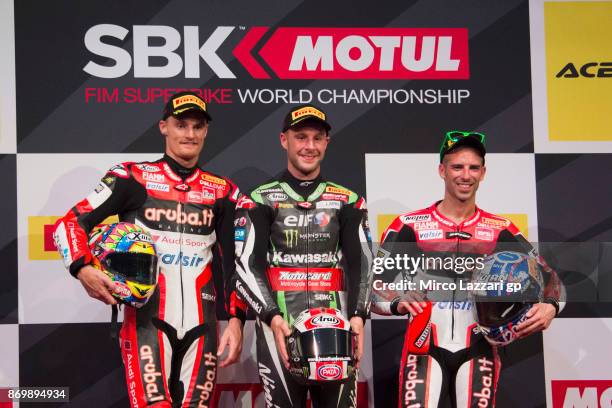 Chaz Davies of Great Britain and ARUBA.IT RACING-DUCATI, Jonathan Rea of Great Britain and KAWASAKI RACING TEAM and Marco Melandri of Italy and...