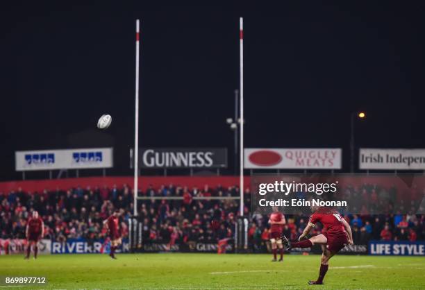 Cork , Ireland - 3 November 2017; JJ Hanrahan of Munster kicks a conversion during the Guinness PRO14 Round 8 match between Munster and Dragons at...