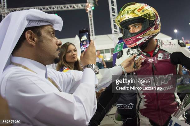 Mashel Al Naimi of Qatar and QMMF Racing speaks with journalists at the end of the Superpole of FIM Superbike World Championship in Qatar - Race 1 at...