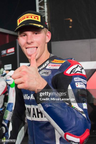 Niki Tuuli of Finland and Kallio Racing celebrates the third place at the end of the Super Sport Superpole 2 of FIM Superbike World Championship in...