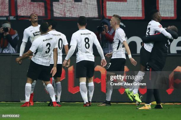 Sebastian Haller of Frankfurt celebrates his team's second goal with team mates during the Bundesliga match between Eintracht Frankfurt and SV Werder...