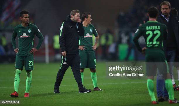 Interim coach Florian Kohfeldt of Bremen reacts after the Bundesliga match between Eintracht Frankfurt and SV Werder Bremen at Commerzbank-Arena on...