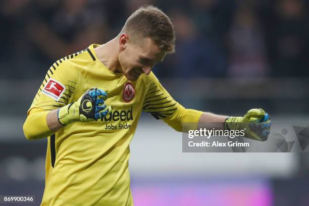 Goalkeeper Lukas Hradecky of Frankfurt celebrates after the final whistle of the Bundesliga match between Eintracht Frankfurt and SV Werder Bremen at...