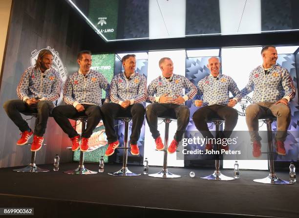 David Beckham, Gary Neville, Phil Neville, Paul Scholes, Nicky Butt and Ryan Giggs speak at the launch of the Adidas "92" trainer at Old Trafford on...