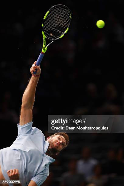 Jack Sock of the USA serves against Fernando Verdasco of Spain during Day 5 of the Rolex Paris Masters held at the AccorHotels Arena on November 3,...