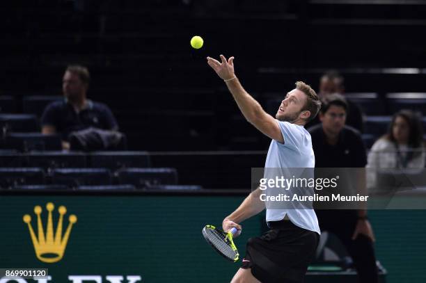 Jack Sock of the United States of America serves in the men's singles quarter final match against Fernando Verdasco of Spain during day five of the...