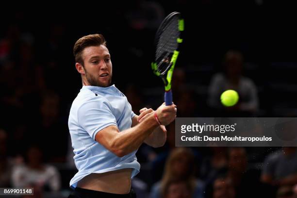 Jack Sock of the USA returns a forehand against Fernando Verdasco of Spain during Day 5 of the Rolex Paris Masters held at the AccorHotels Arena on...