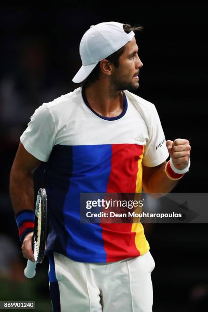 Fernando Verdasco of Spain celebrates a point against Jack Sock of the USA during Day 5 of the Rolex Paris Masters held at the AccorHotels Arena on...