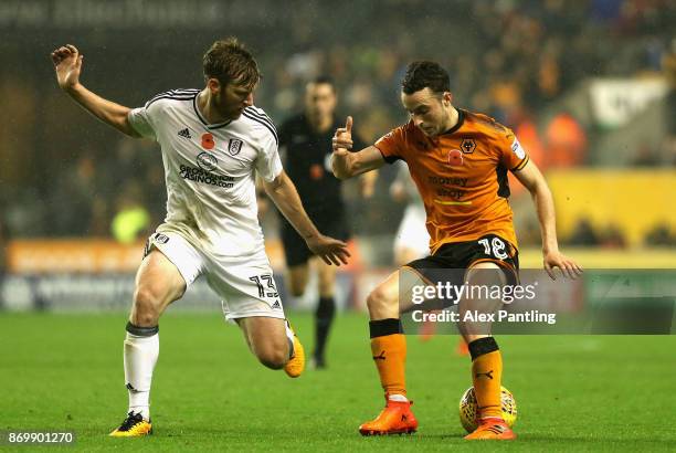 Diogo Jota of Wolverhampton Wanderers takes on Tim Ream of Fulham during the Sky Bet Championship match between Wolverhampton Wanderers and Fulham at...