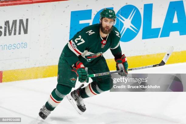 Kyle Quincey of the Minnesota Wild skates against the Pittsburgh Penguins during the game at the Xcel Energy Center on October 28, 2017 in St. Paul,...