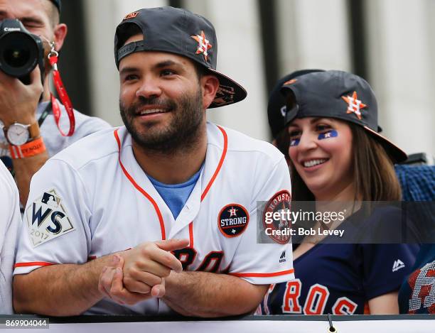Jose Altuve of the Houston Astros looks out at the crowd during the Houston Astros Victory Parade on November 3, 2017 in Houston, Texas. The Astros...