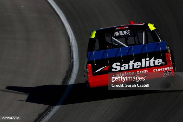 Ben Rhodes, driver of the Safelite Auto Glass Toyota, practices for the NASCAR Camping World Truck Series JAG Metals 350 Driving Hurricane Harvey...