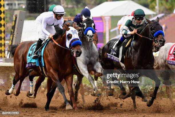 Battle Of Midway ridden by jockey Flavien Prat defeats Sharp Azteca ridden by jockey Paco Lopez to win the Las Vegas Breeder's Cup Dirt Mileon day...