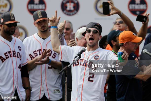 Alex Bregman of the Houston Astros is introduced during the Houston Astros Victory Parade on November 3, 2017 in Houston, Texas. The Astros defeated...