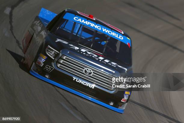 Ben Rhodes, driver of the Safelite Auto Glass Toyota, practices for the NASCAR Camping World Truck Series JAG Metals 350 Driving Hurricane Harvey...