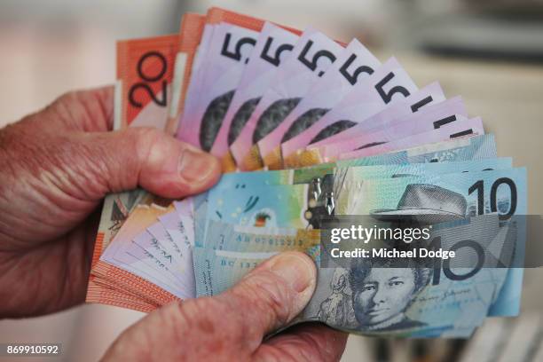 Bookmakers dollar notes are seen on Derby Day at Flemington Racecourse on November 4, 2017 in Melbourne, Australia.