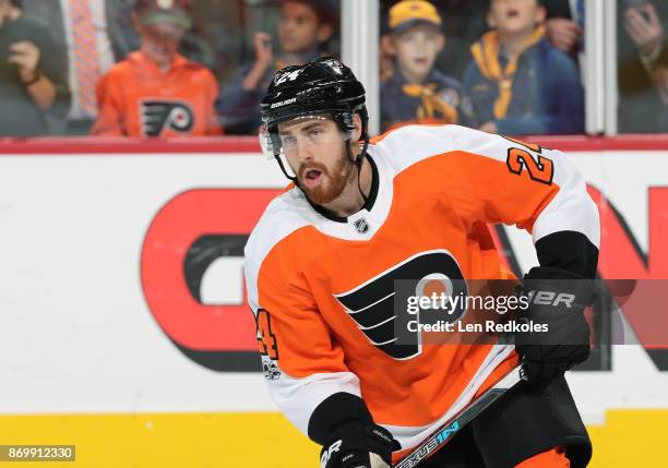 Matt Read of the Philadelphia Flyers warms up against the Arizona Coyotes on October 30, 2017 at the Wells Fargo Center in Philadelphia, Pennsylvania.