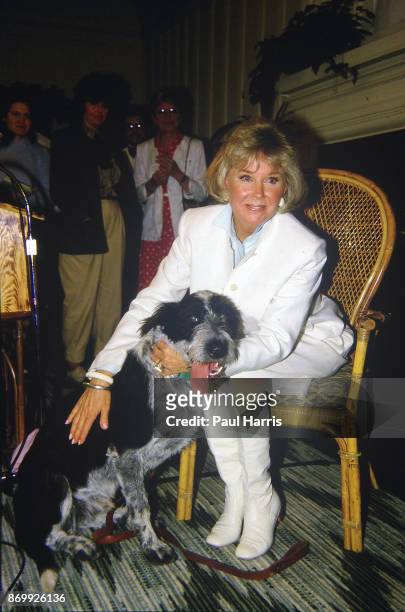 Doris Day with one of her dogs at a press conference at the dog friendly hotel she owns in Carmel, California July 16, 1985