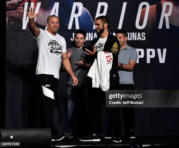 Georges St-Pierre of Canada poses on the scale during the UFC 217 weigh-in inside Madison Square Garden on November 3, 2017 in New York City.