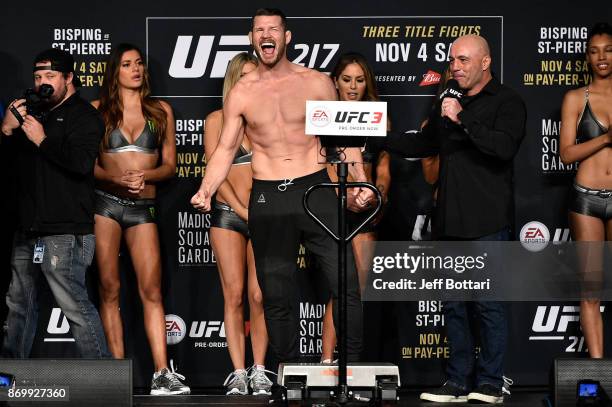 Michael Bisping of England poses on the scale during the UFC 217 weigh-in inside Madison Square Garden on November 3, 2017 in New York City.