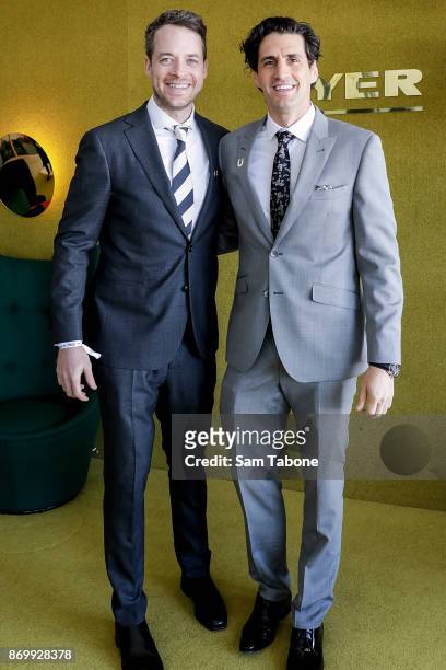 Hamish and Andy pose at the Myer Marquee on Derby Day at Flemington Racecourse on November 4, 2017 in Melbourne, Australia.