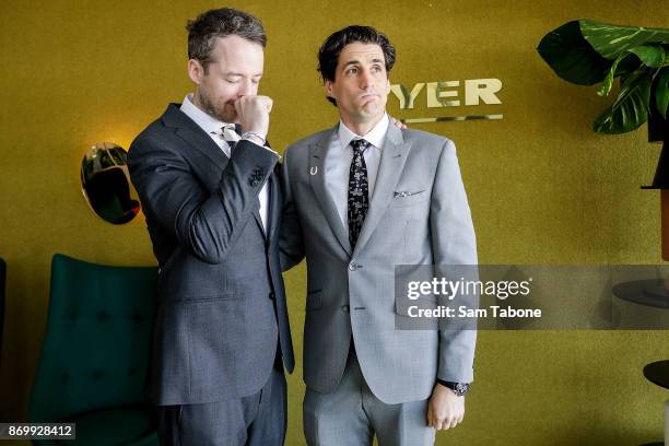 Hamish Blake and Andy Lee pose at the Myer Marquee on Derby Day at Flemington Racecourse on November 4, 2017 in Melbourne, Australia.