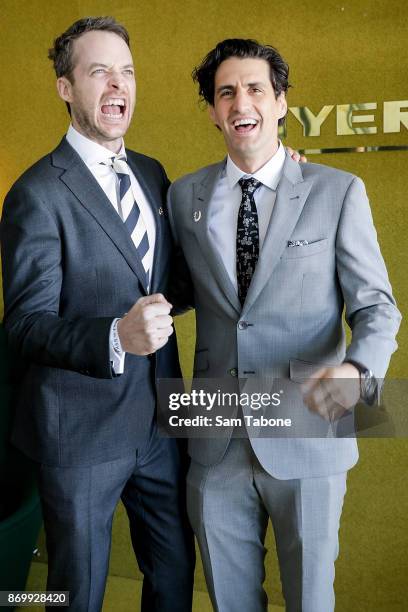 Hamish Blake and Andy Lee pose at the Myer Marquee on Derby Day at Flemington Racecourse on November 4, 2017 in Melbourne, Australia.