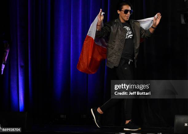 Joanna Jedrzejczyk of Poland walks onstage during the UFC 217 weigh-in inside Madison Square Garden on November 3, 2017 in New York City.