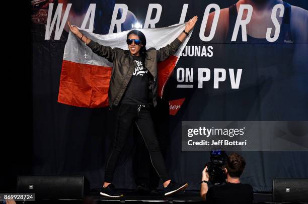 Joanna Jedrzejczyk of Poland walks onstage during the UFC 217 weigh-in inside Madison Square Garden on November 3, 2017 in New York City.