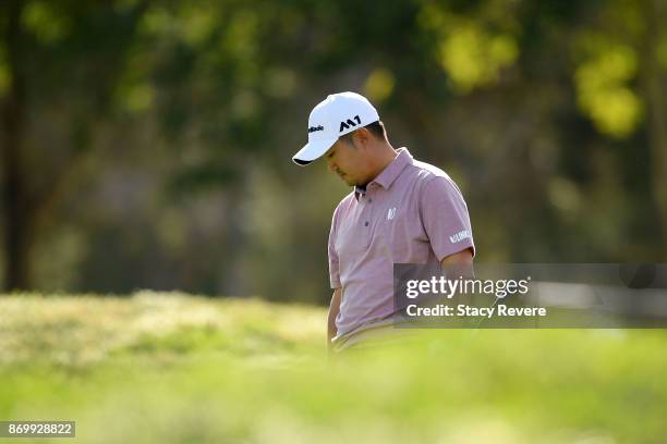 John Huh reacts to his tee shot on the eighth hole during the second round of the Shriners Hospitals For Children Open at the TPC Summerlin on...