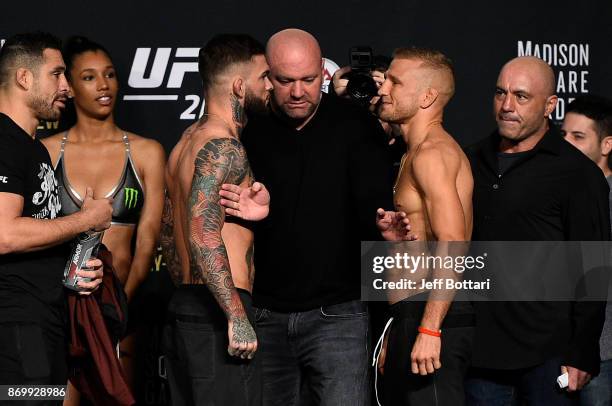 Cody Garbrandt and TJ Dillashaw face off during the UFC 217 weigh-in inside Madison Square Garden on November 3, 2017 in New York City.