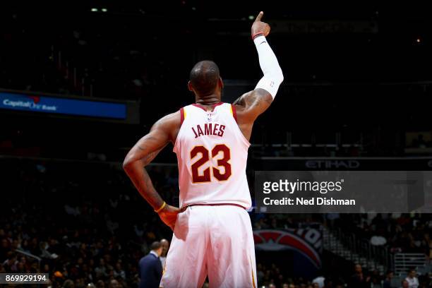 LeBron James of the Cleveland Cavaliers looks on during the game against the Washington Wizards on November 3, 2017 at Capital One Arena in...