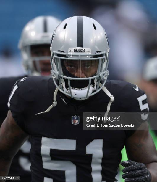 Bruce Irvin of the Oakland Raiders warms up before the start of NFL game action against the Buffalo Bills at New Era Field on October 29, 2017 in...