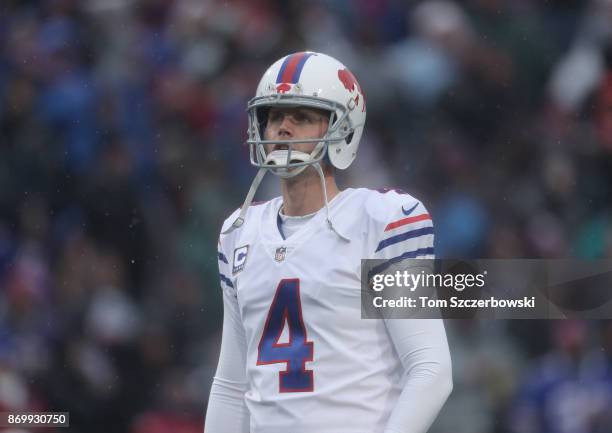 Stephen Hauschka of the Buffalo Bills looks on during NFL game action against the Oakland Raiders at New Era Field on October 29, 2017 in Buffalo,...