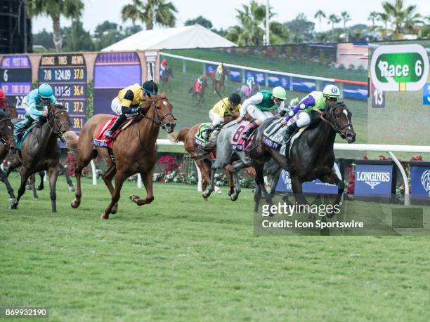 Rushing Fall ridden by Chad C. Brown wins the Breeders' Cup Juvenile Fillies Turf on November 03, 2017 at Del Mar Race Track & Fairgrounds in Del...