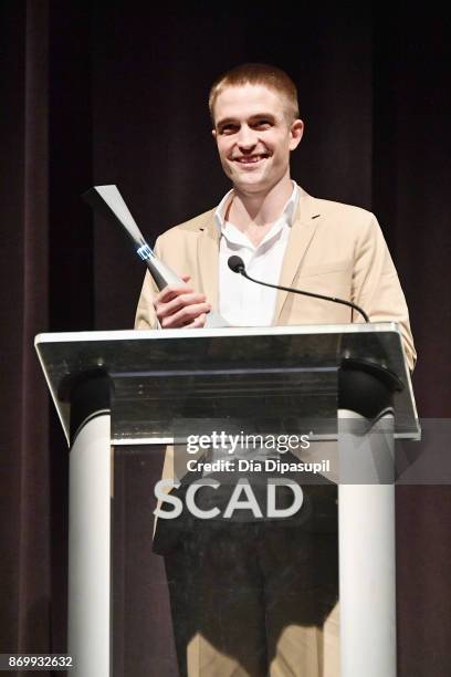 Actor Robert Pattinson accepts Maverick Award onstage at Trustees Theater during 20th Anniversary SCAD Savannah Film Festival on November 3, 2017 in...