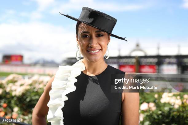 Maria Tutaia poses on AAMI Victoria Derby Day at Flemington Racecourse on November 4, 2017 in Melbourne, Australia.