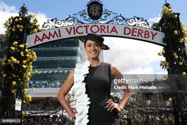 Maria Tutaia poses on AAMI Victoria Derby Day at Flemington Racecourse on November 4, 2017 in Melbourne, Australia.